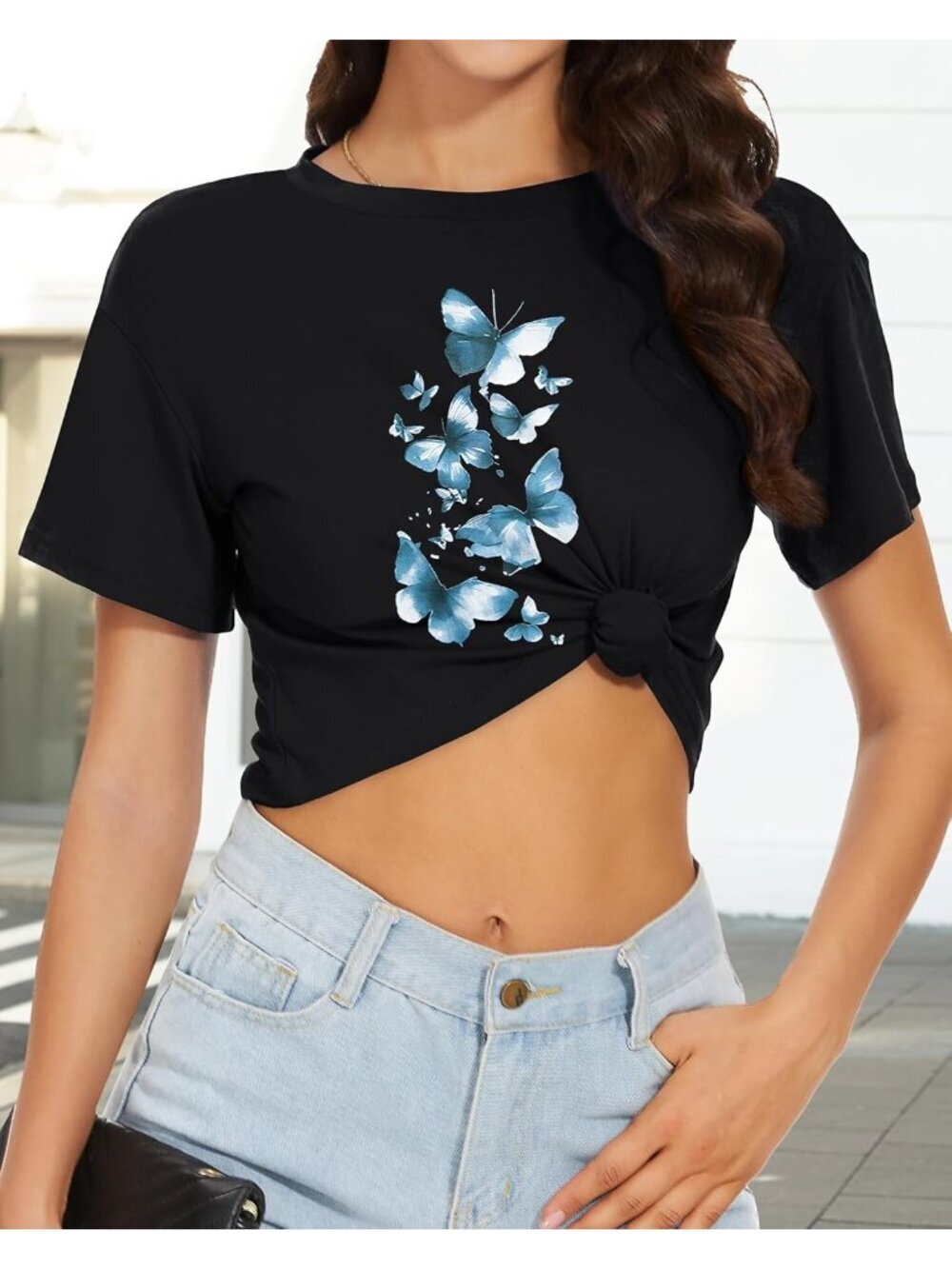〽️Women Black Blue Butterfly Short Sleeve Round Neck Loose Fit Summer Crop Tops